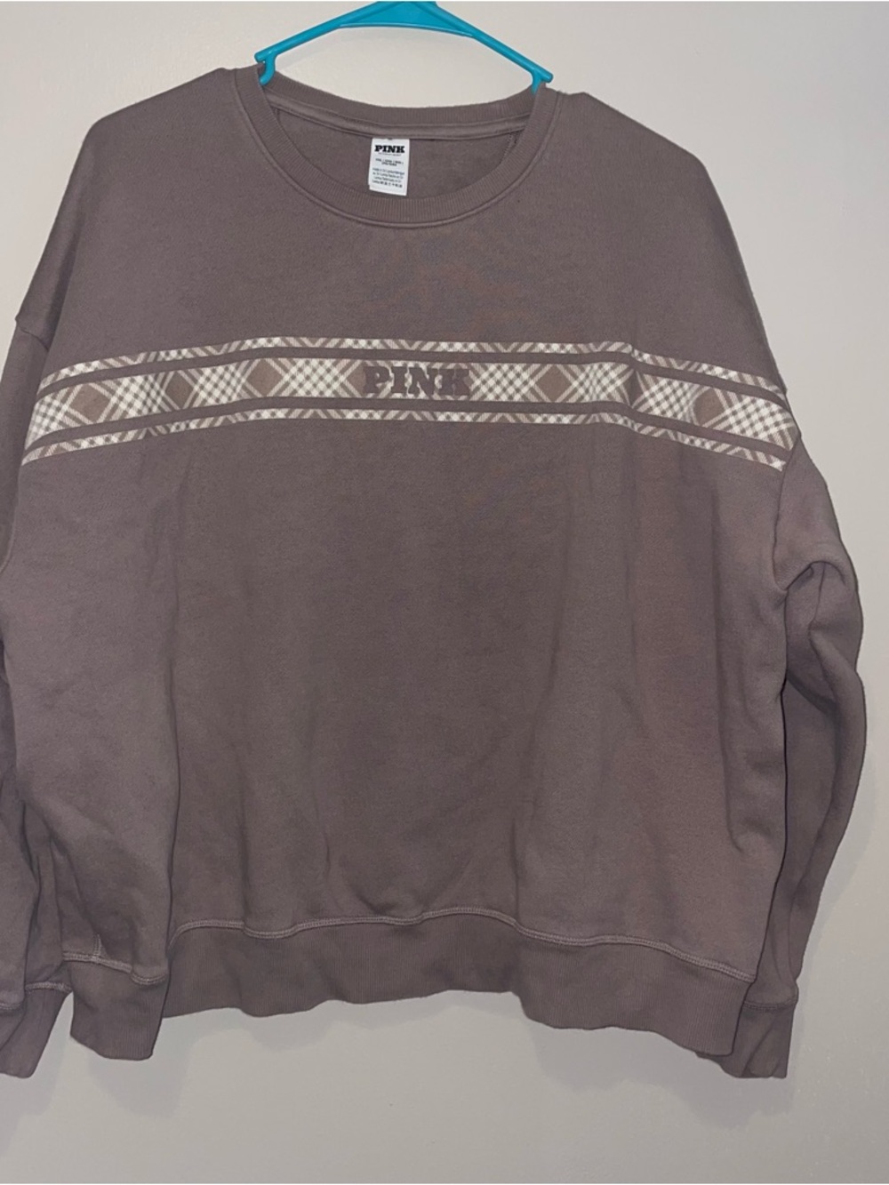 PINK Victoria's Secret Crewneck Sweater in Taupe with Plaid Stripe